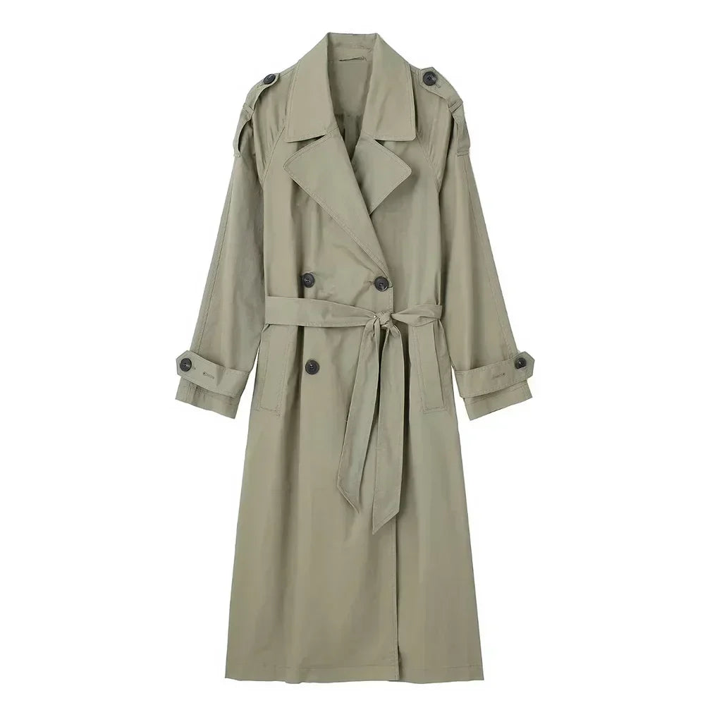 Women's Belted Longline Trench Coat with Wide Collar