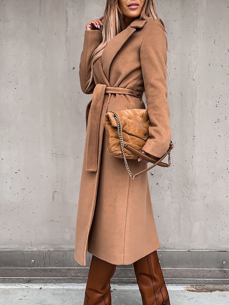 Women's Belted Wrap Coat with Faux Fur Collar