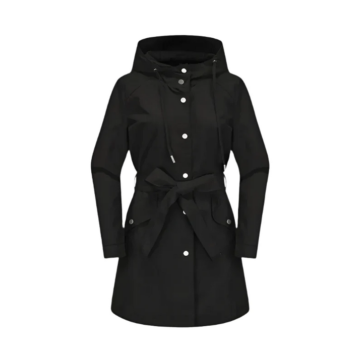 Women's Belted Hooded Trench Coat with Button Front