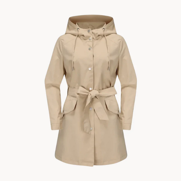 Women's Belted Hooded Trench Coat with Button Front