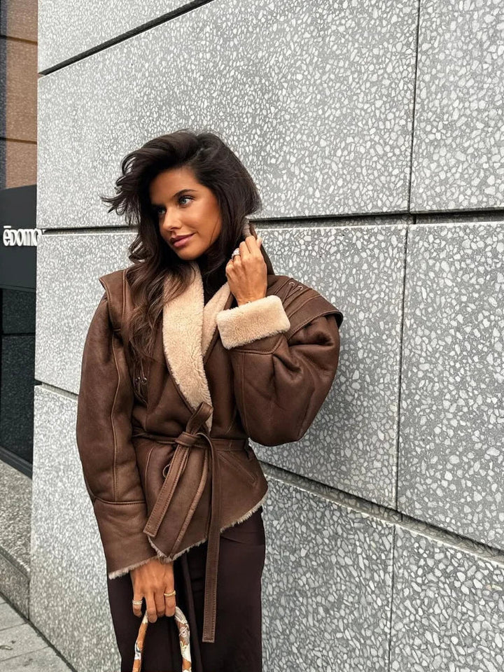 Women's Fur-Lined Belted Coat with Shearling Trim