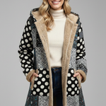 Women’s Hooded Overcoat with Zip and Patchwork Surface