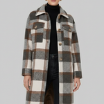 Women’s Long Coat with Button Front and Checked Woven Surface