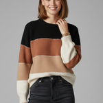 Women's Striped Knit Sweater with Round Neck and Ribbed Trim