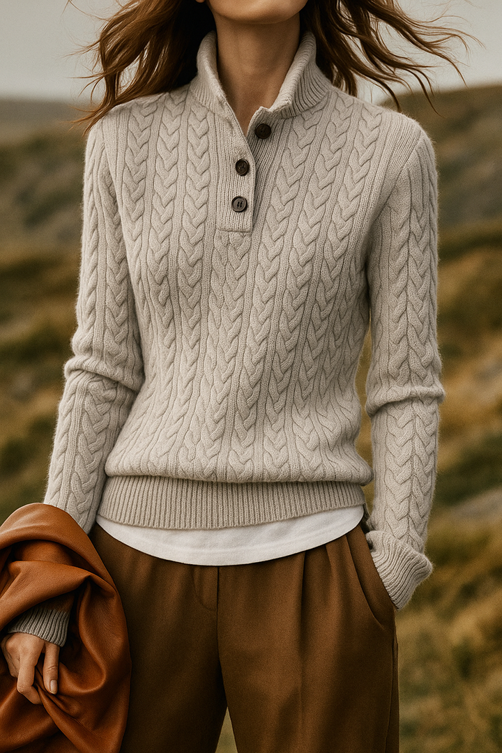 Classic Cable Knit Button-Neck Sweater