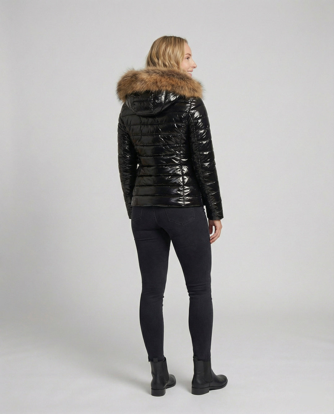 Women's Hooded Puffer Jacket with Faux Fur Trim
