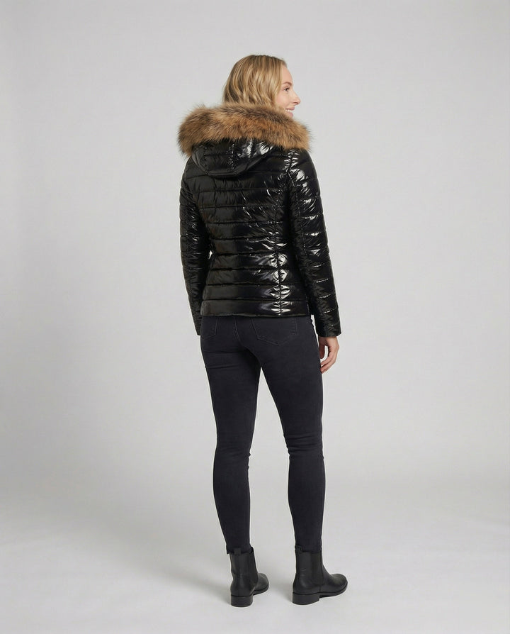 Women's Hooded Puffer Jacket with Faux Fur Trim