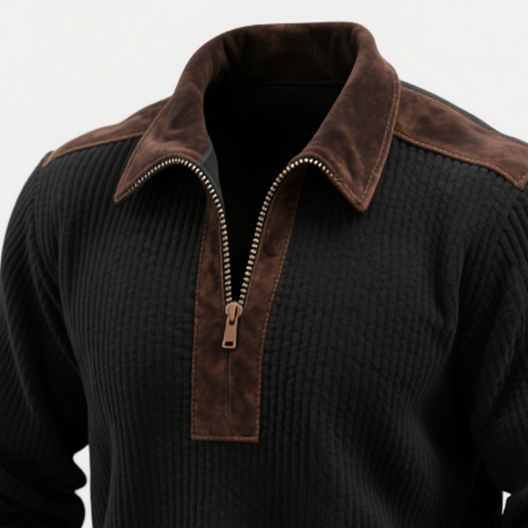 Black Quilted Jacket with Brown Suede Collar and Zipper Details
