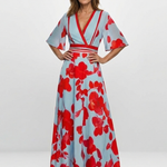 V Neck Short Sleeve Floral Maxi Dress