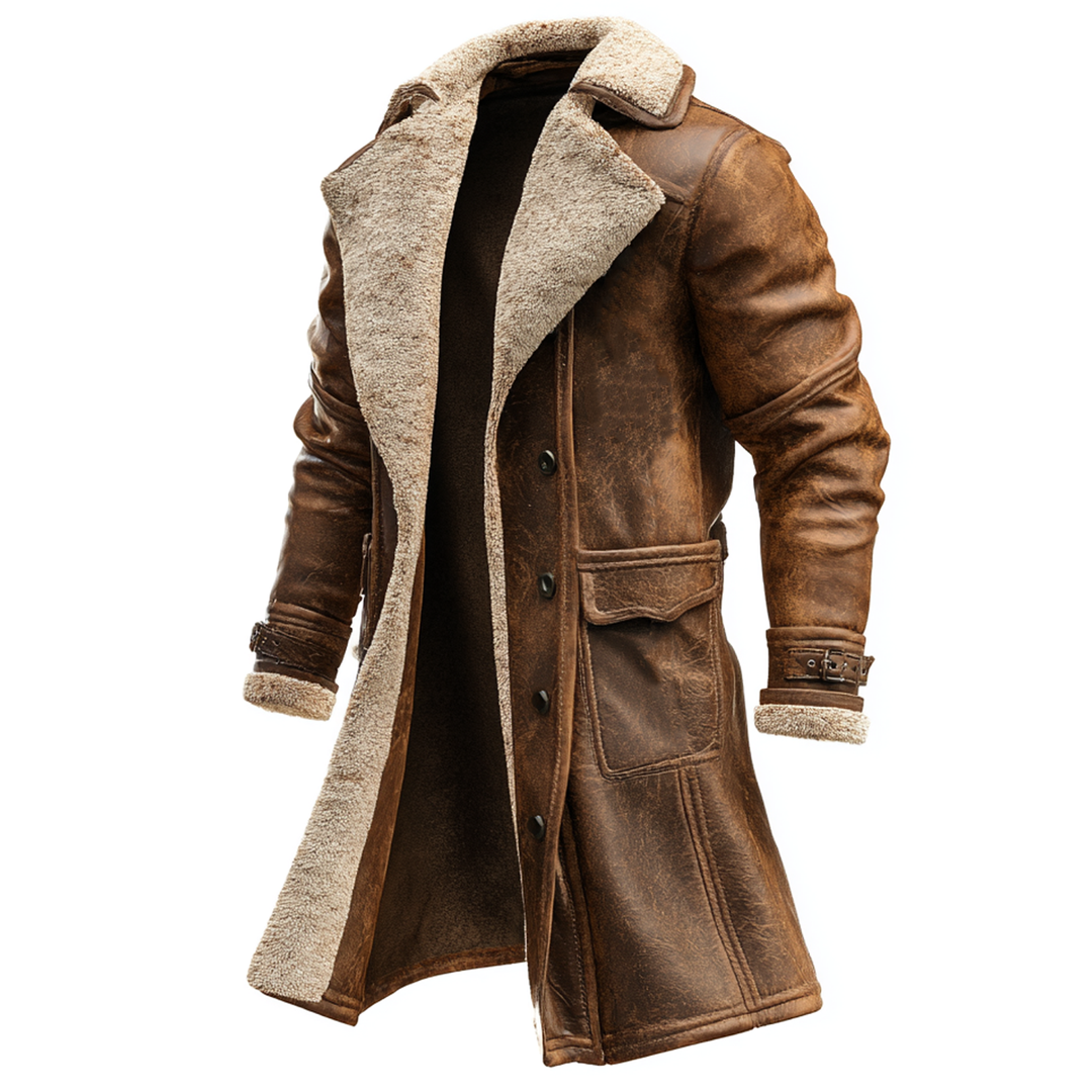 Vintage Brown Mens Leather Coat with Faux Fur Lining