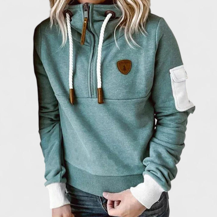 Women's Hooded Sweater with Zip Neck and Drawstring Detail