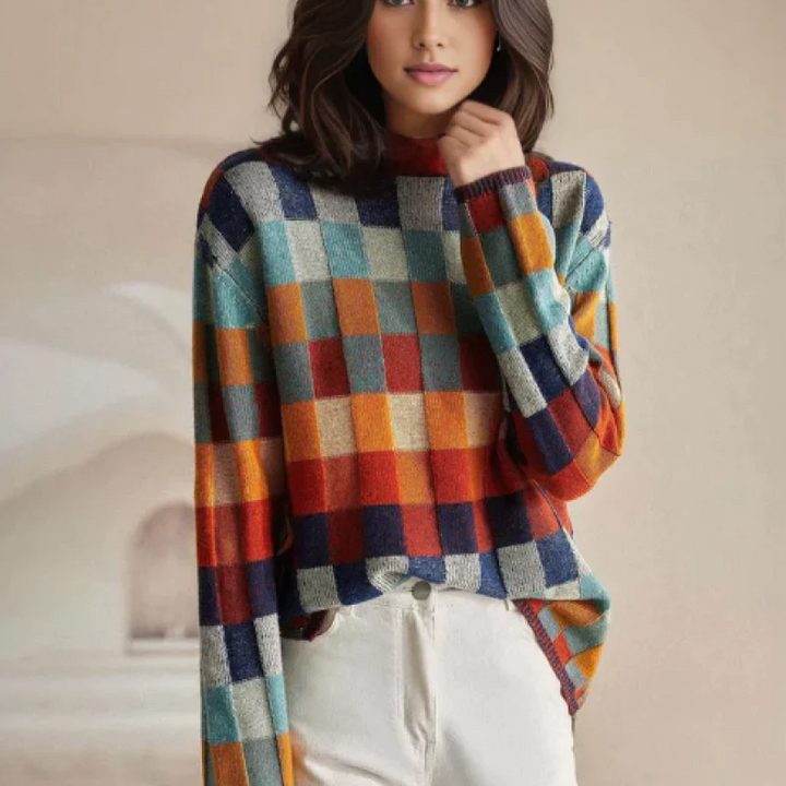 Women's Color Block Checkered Knit Pullover Sweater