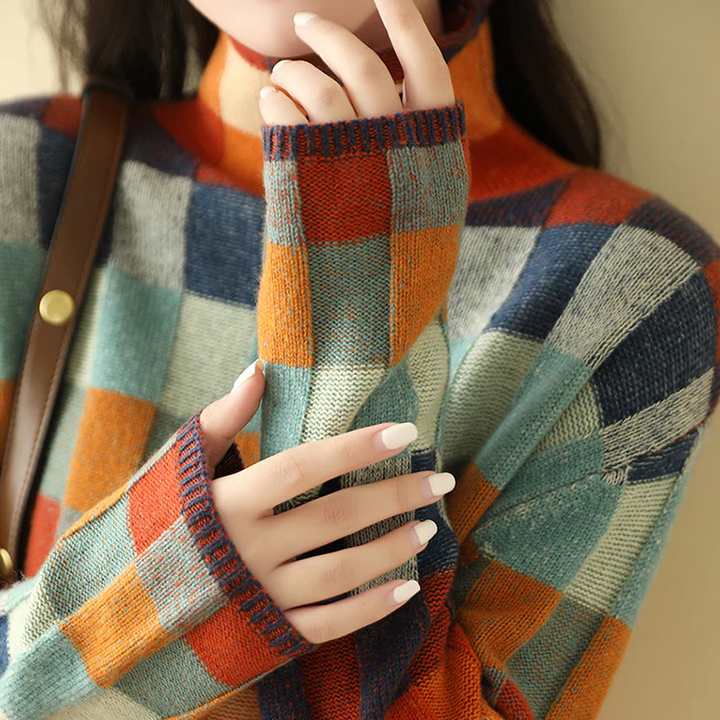 Women's Color Block Checkered Knit Pullover Sweater