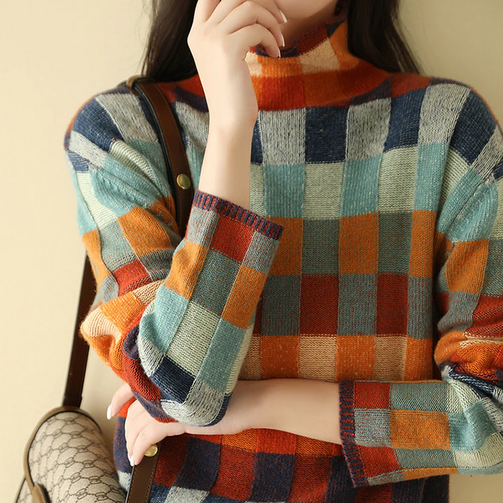 Women's Color Block Checkered Knit Pullover Sweater