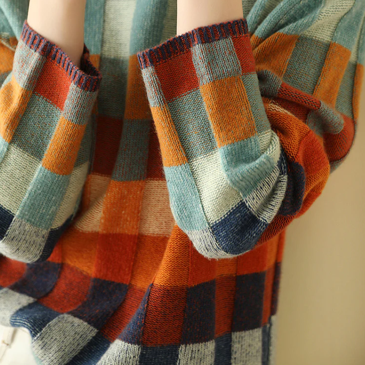 Women's Color Block Checkered Knit Pullover Sweater