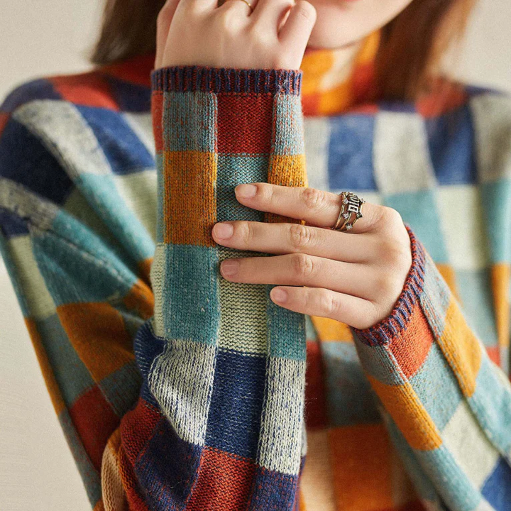 Women's Color Block Checkered Knit Pullover Sweater