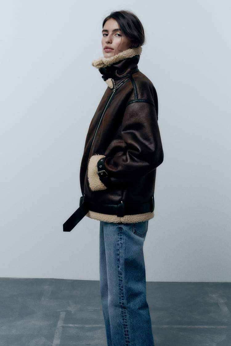 Women's Faux Shearling Aviator Jacket with Oversized Collar