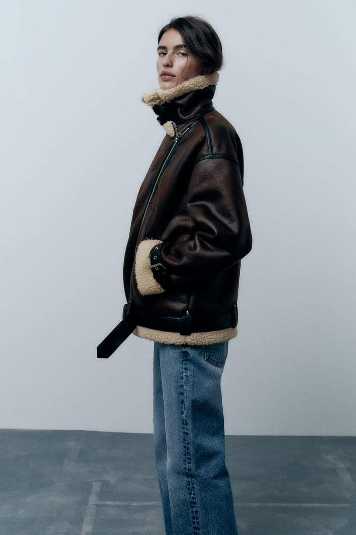 Women's Faux Shearling Aviator Jacket with Oversized Collar