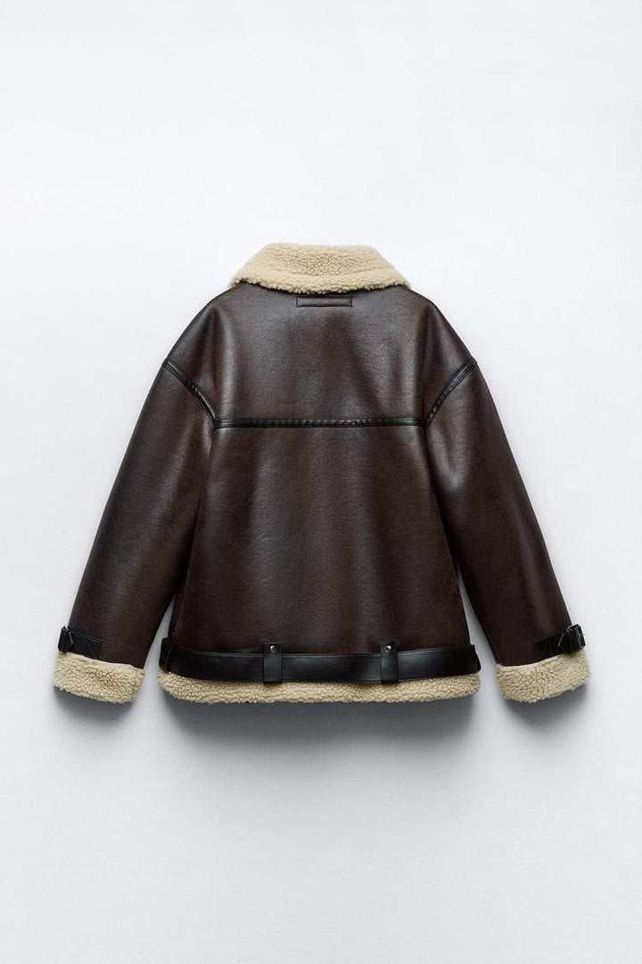 Women's Faux Shearling Aviator Jacket with Oversized Collar