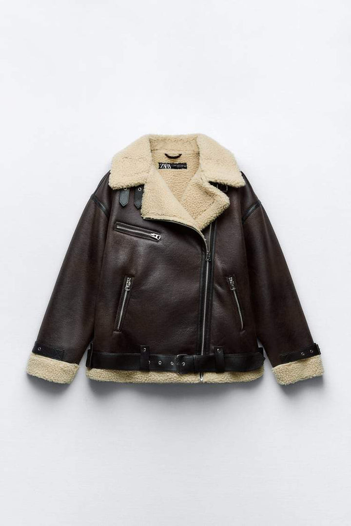 Women's Faux Shearling Aviator Jacket with Oversized Collar