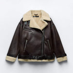 Women's Faux Shearling Aviator Jacket with Oversized Collar