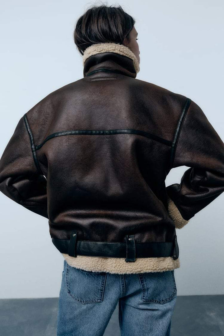 Women's Faux Shearling Aviator Jacket with Oversized Collar