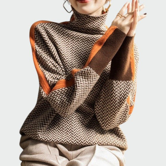 Women's Herringbone Turtleneck with Stripe Detail