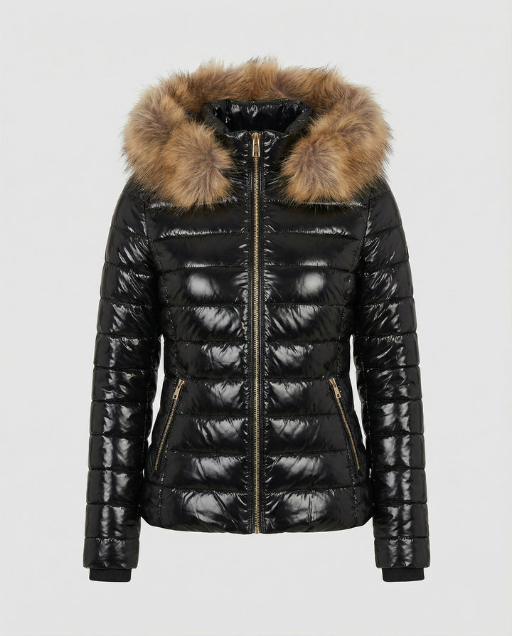 Women's Hooded Puffer Jacket with Faux Fur Trim