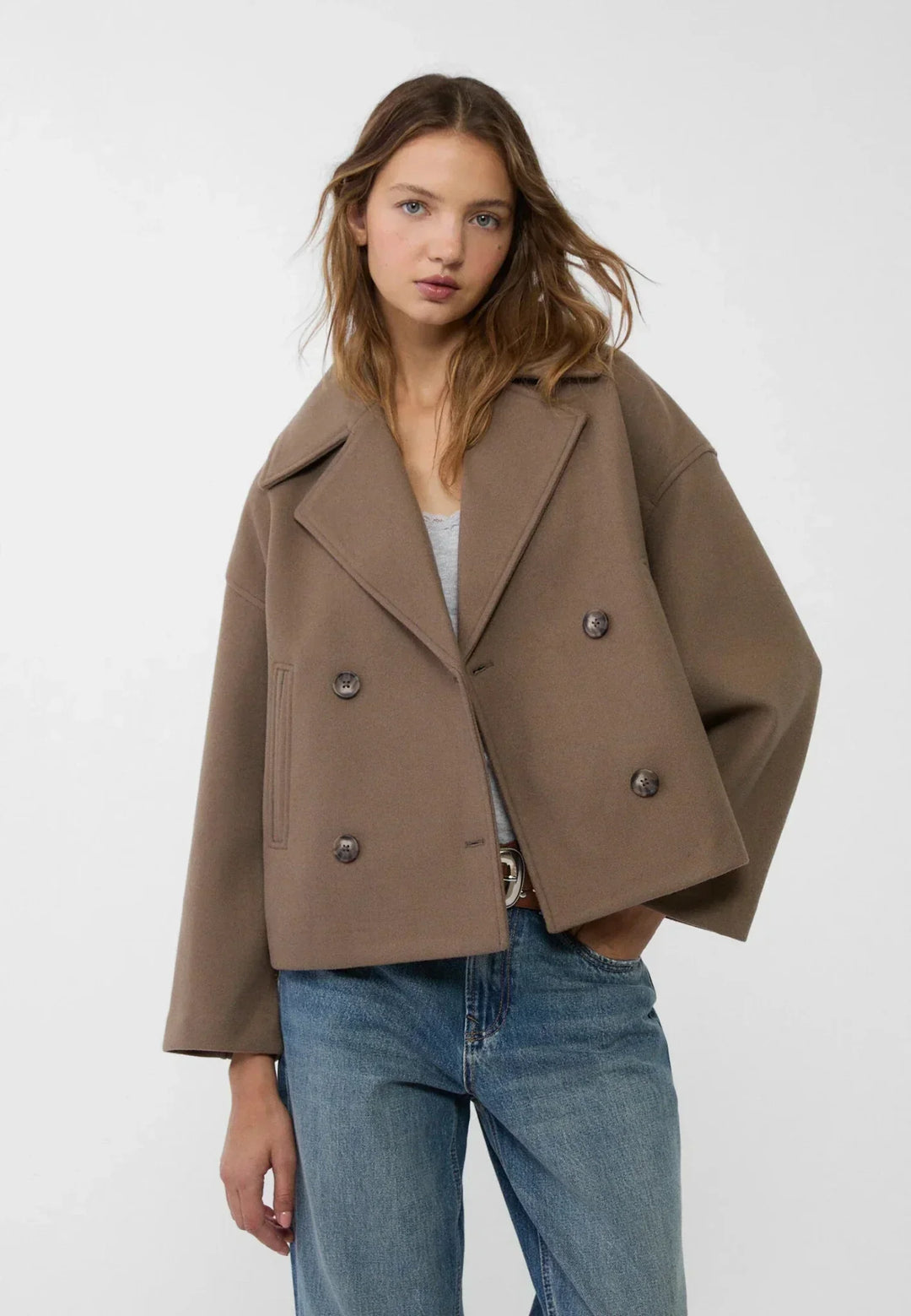Women’s Cropped Double Breasted Jacket with Wide Lapel Collar