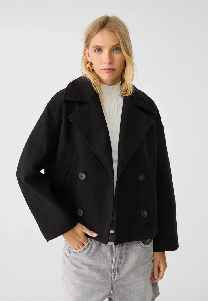 Women’s Cropped Double Breasted Jacket with Wide Lapel Collar