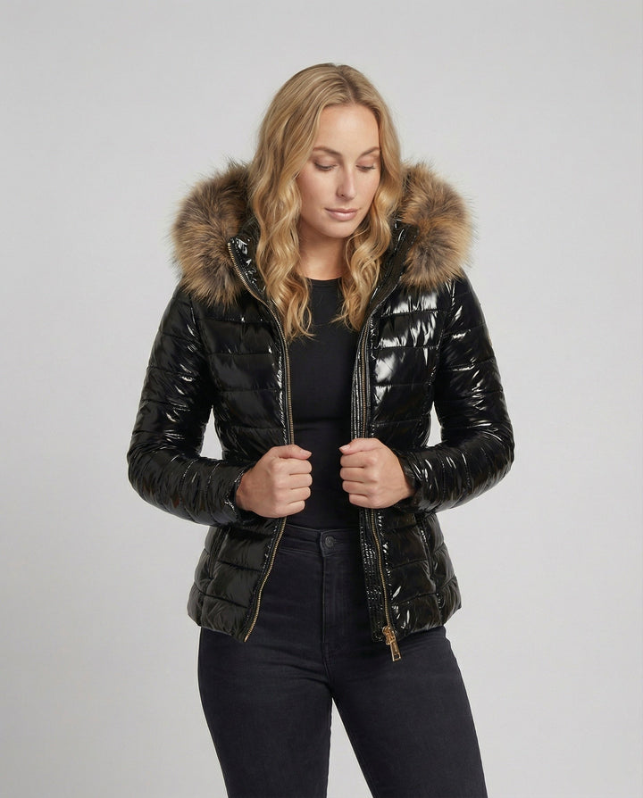 Women's Hooded Puffer Jacket with Faux Fur Trim